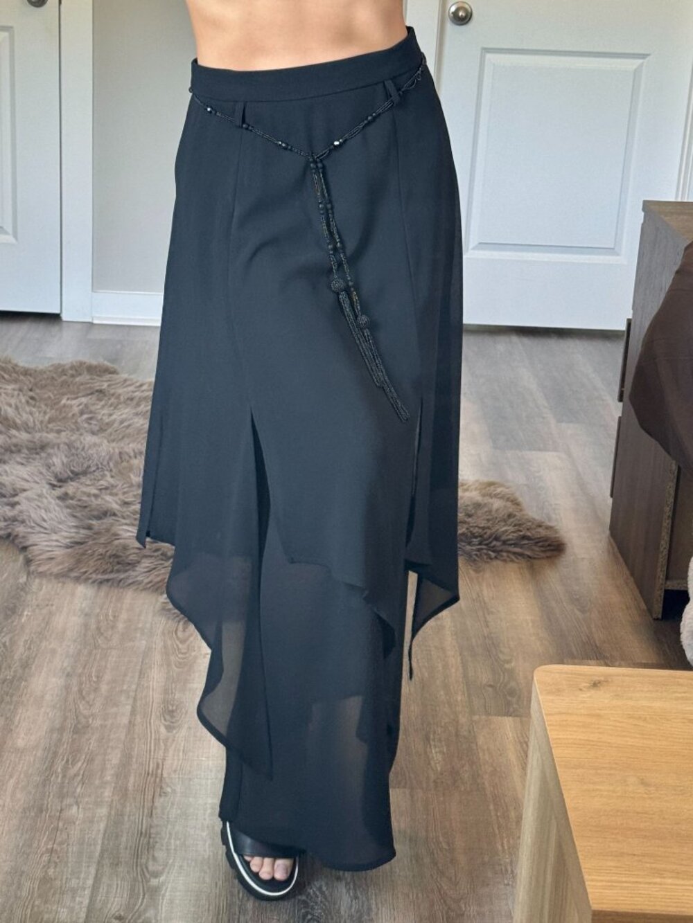 Vintage 90s Ribkoff Black Chiffon Maxi Skirt Beaded Belt Black Whimsigoth Fairy
